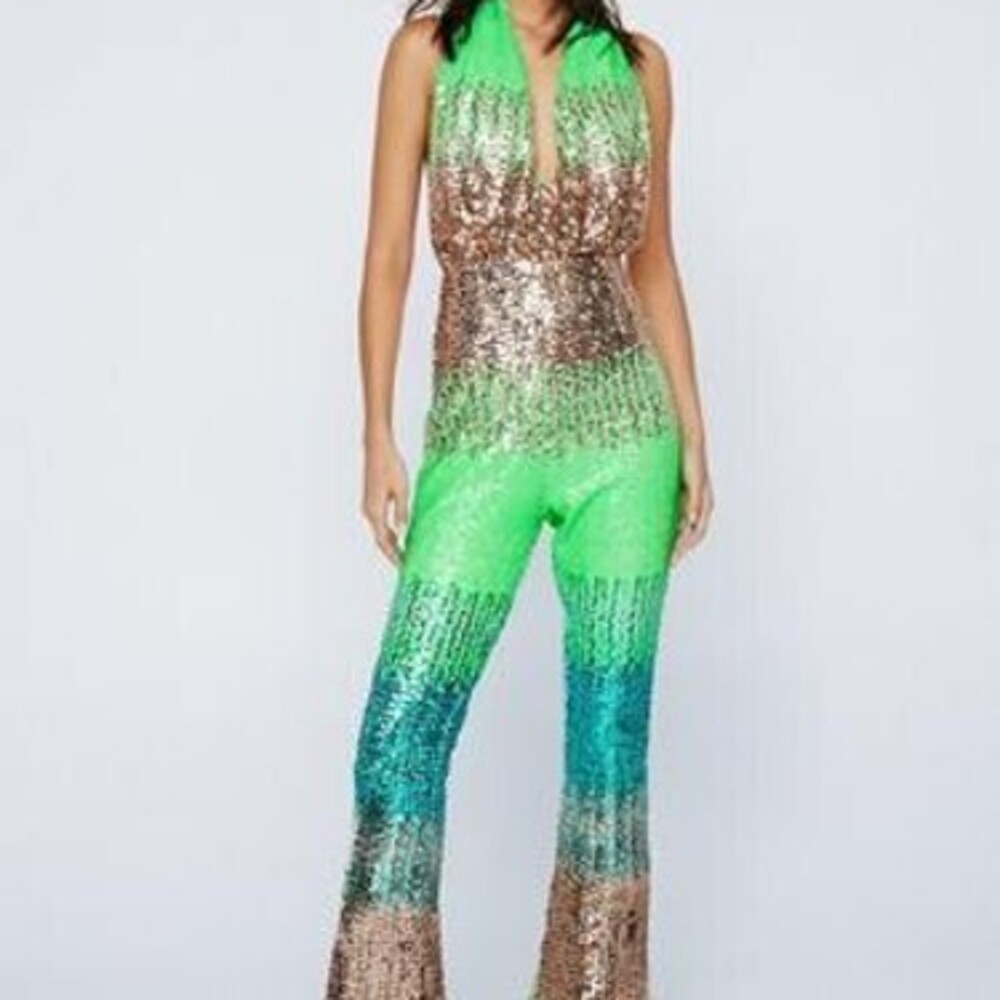 Ombre Sequin Halter Neck Flared Jumpsuit